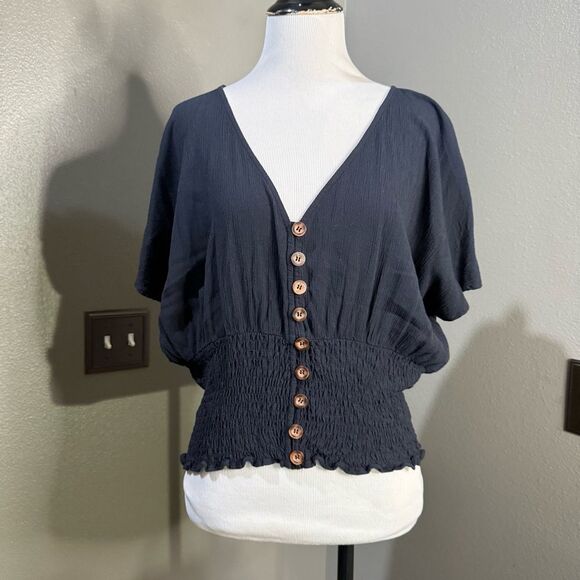 Abercrombie & Fitch Black Buttoned Smocked Blouse - Picture 1 of 9